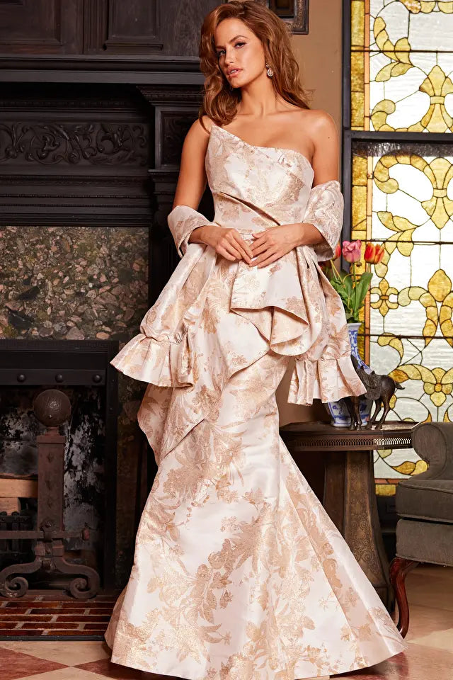 Jovani -23624B Strapless Pleated Peplum Mermaid Evening Dress