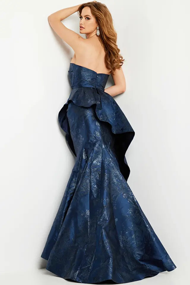 Jovani -23624B Strapless Pleated Peplum Mermaid Evening Dress