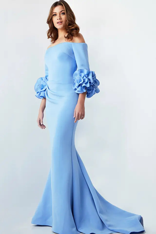 blue jovani mermaid dress -23716B Off-Shoulder Ruffled Sleeves Gown, Black COLOR:As Photo(Royal Blue) and Royal colors. XL (14) Beauty Blue Dress With