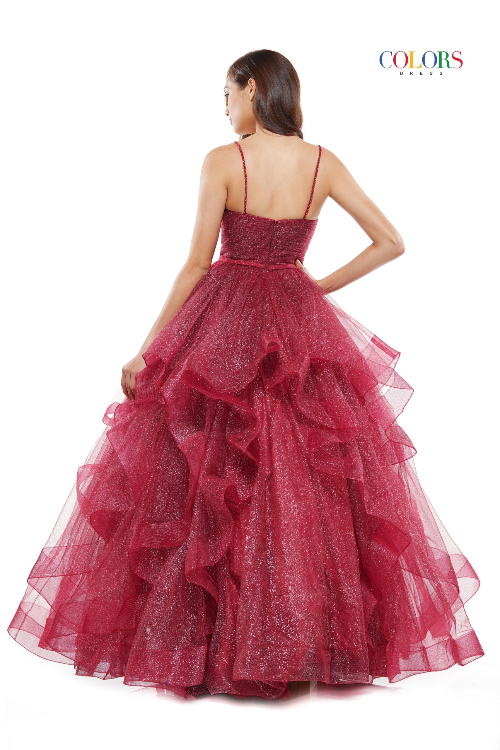 Colors Dress -2381 Ruffled V-Neck Glitter Ballgown