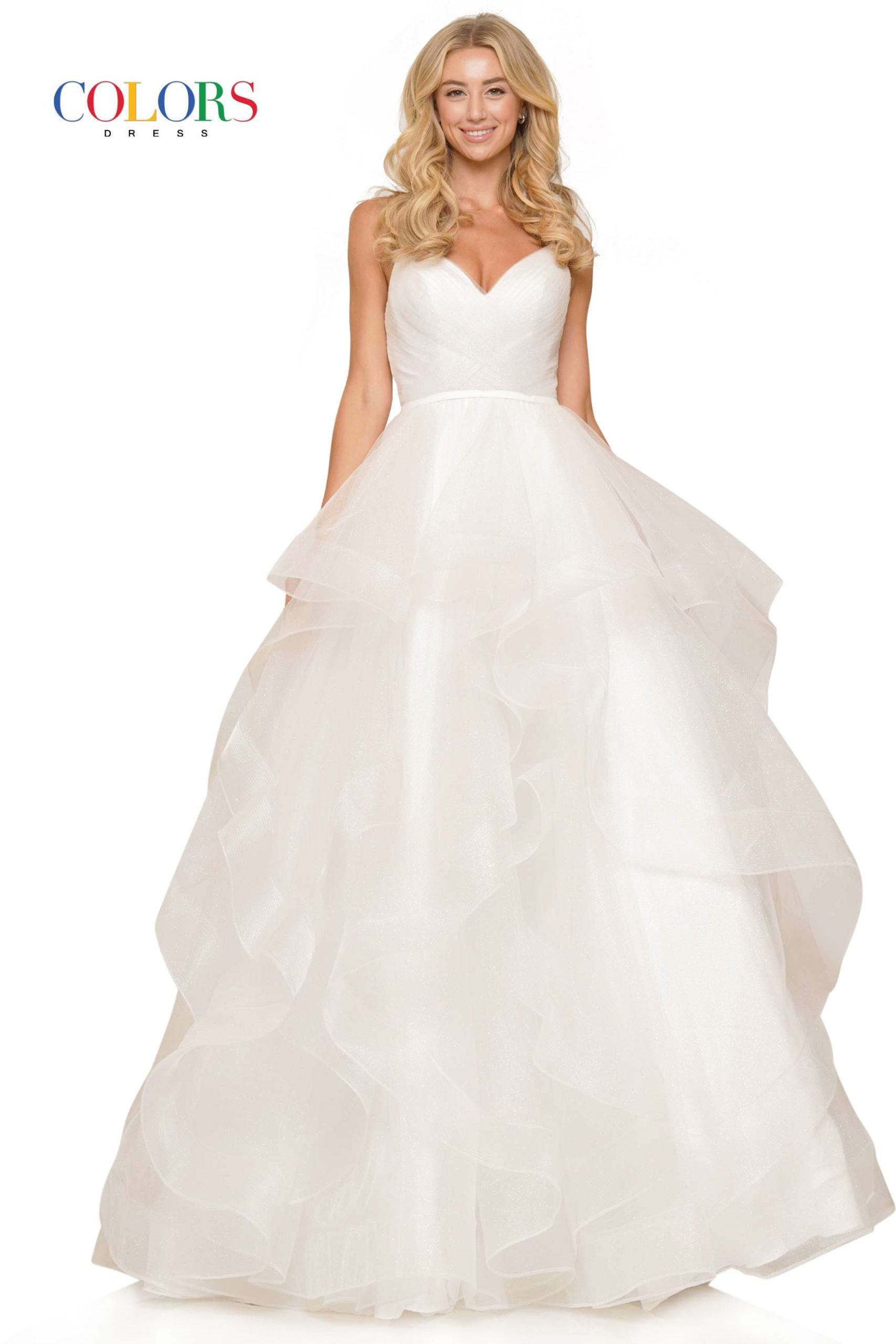Colors Dress -2381 Ruffled V-Neck Glitter Ballgown