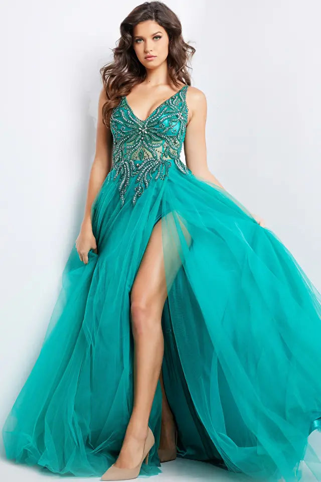 Jovani -23962 Beaded Illusion High Slit Ballgown