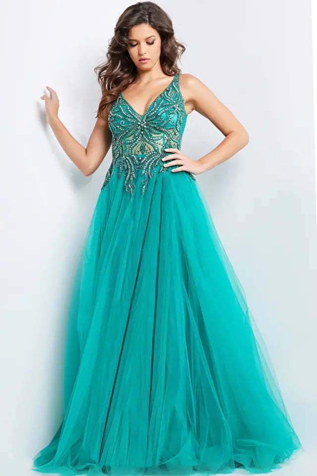 Jovani -23962 Beaded Illusion High Slit Ballgown
