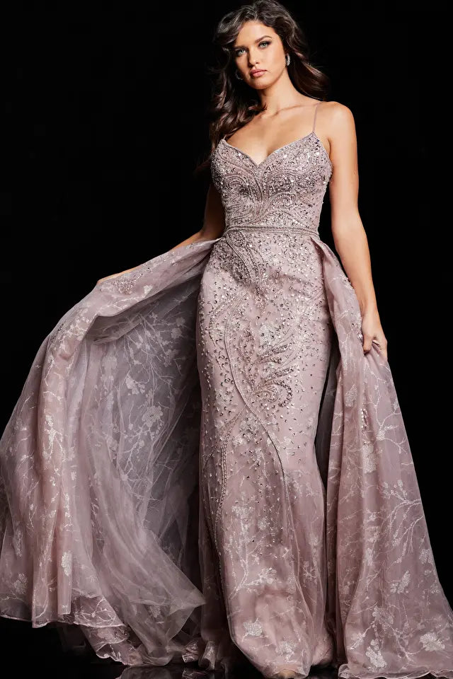 Jovani -24001 V-Neck Column Overskirt Dress