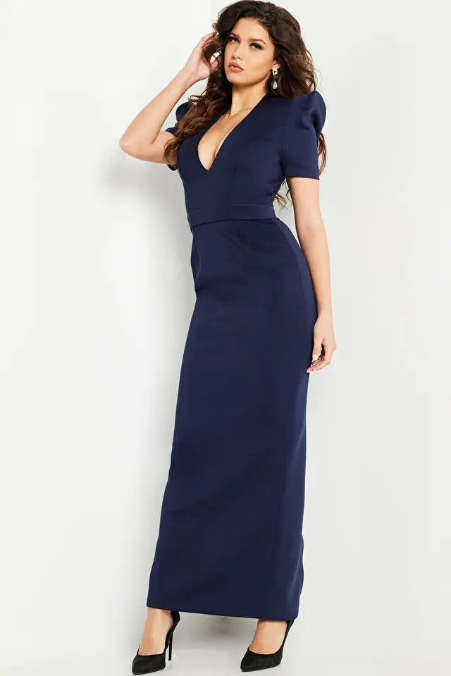 Jovani -24021 Short Puff Sleeve Column Gown