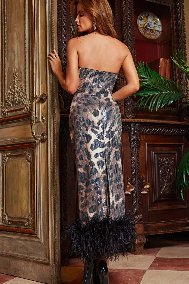 Jovani -24104 Animal Print Feather Hem Evening Dress