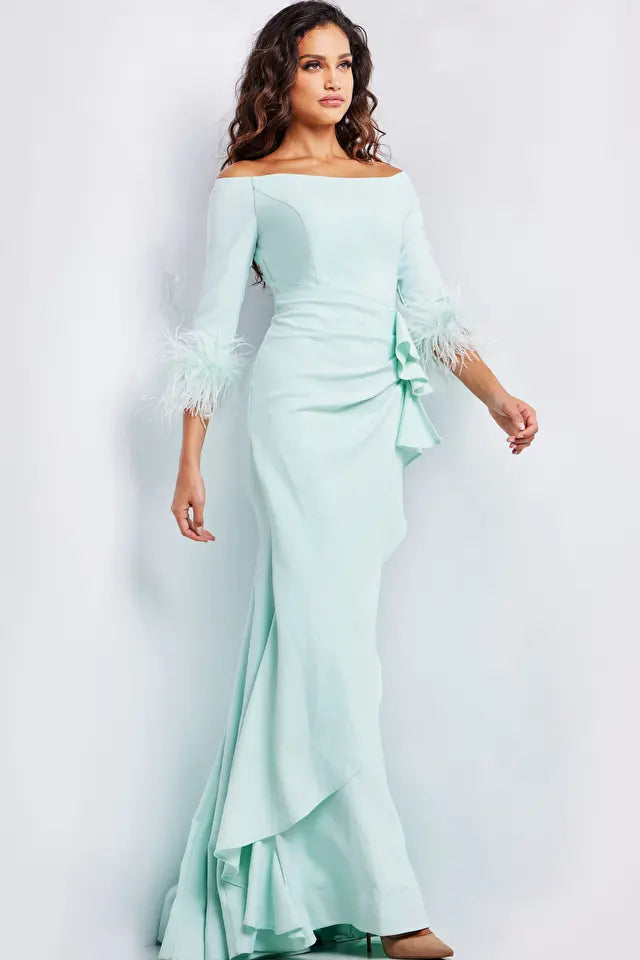 Jovani -24195B Quarter Sleeves Feathered Evening Dress