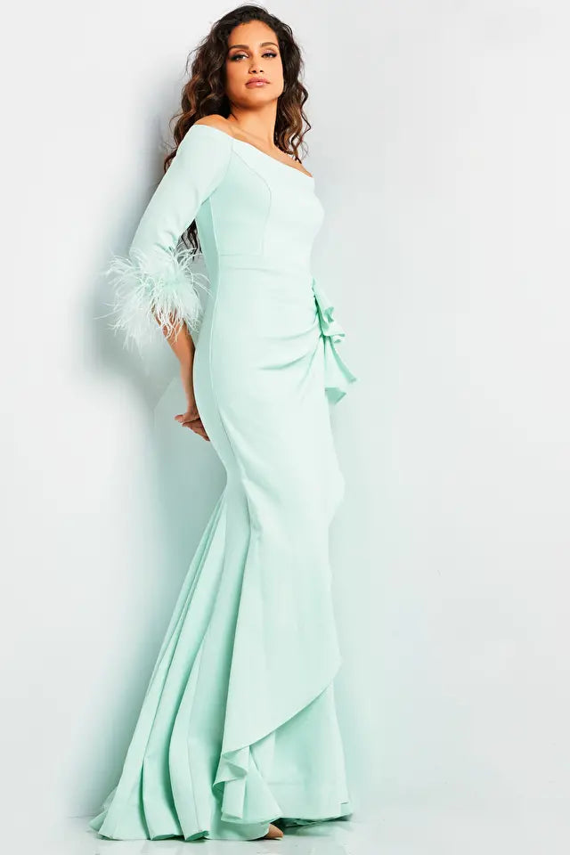 Jovani -24195B Quarter Sleeves Feathered Evening Dress