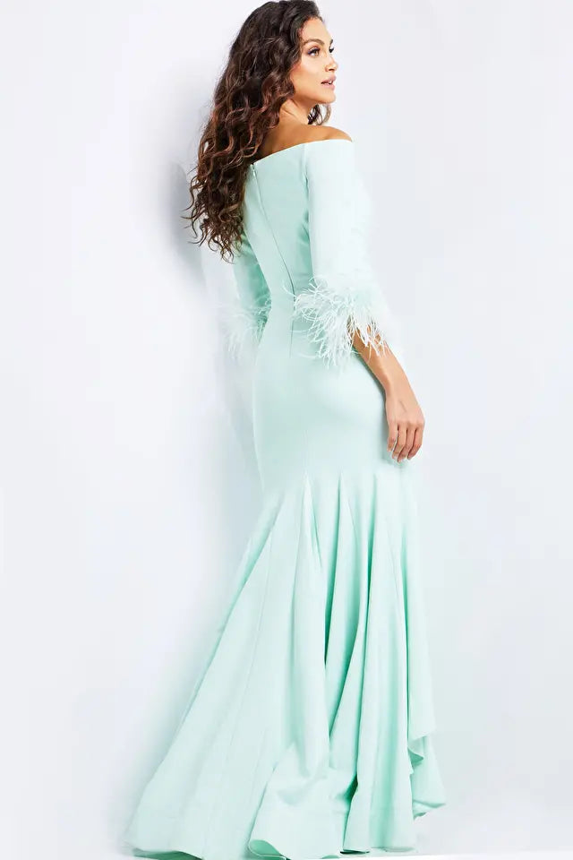 Jovani -24195B Quarter Sleeves Feathered Evening Dress