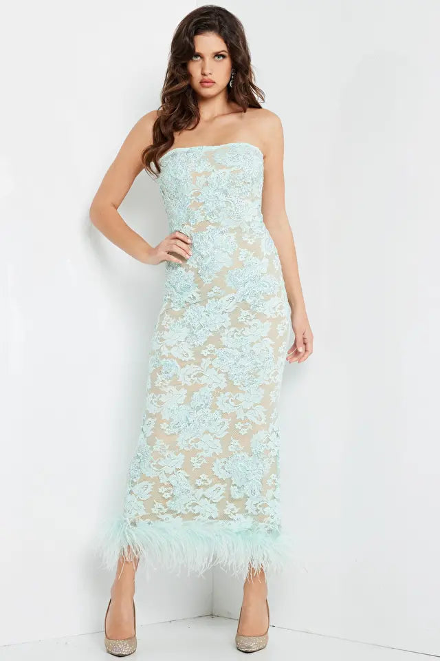 Jovani -24256 Tea Length Feather Hem Evening Dress