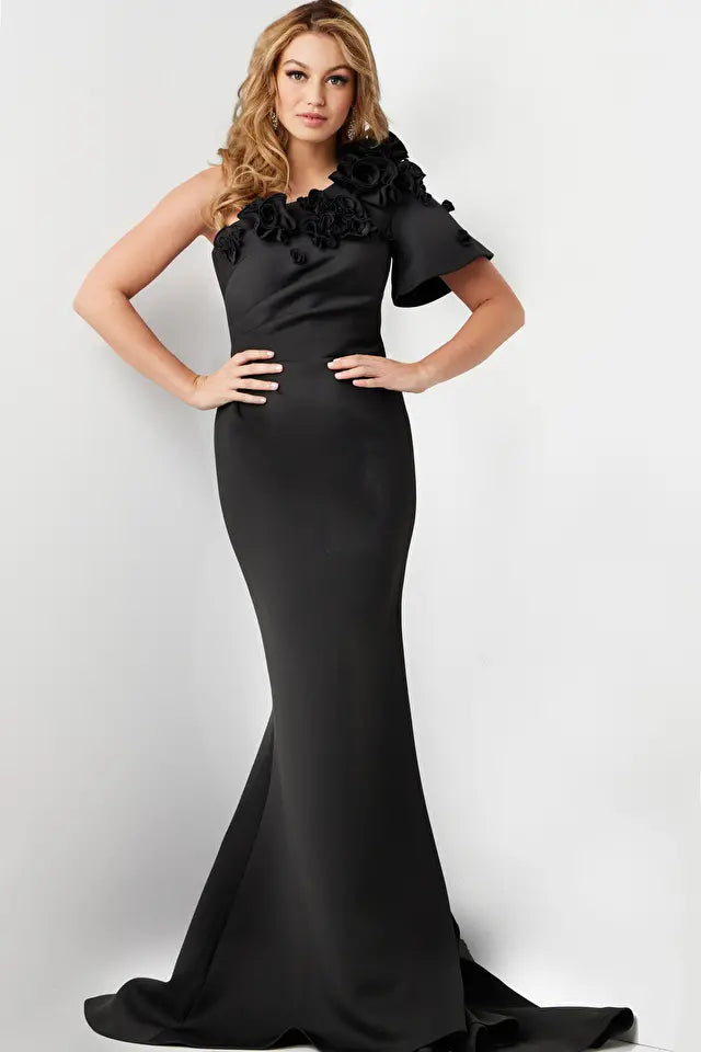 Jovani -24279B Trumpet Floral Asymmetric Evening Dress