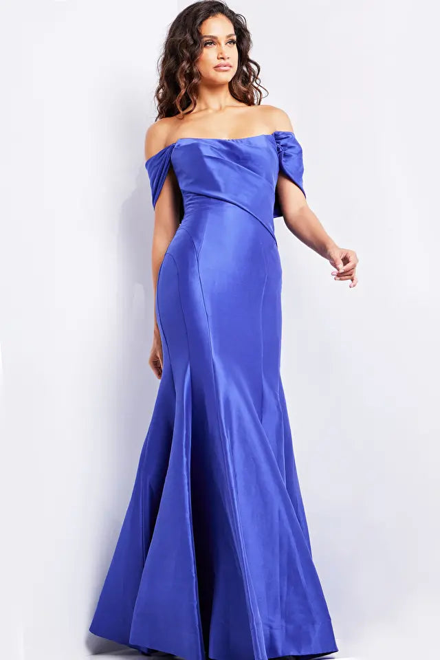 Jovani -24283B Pleated Off-Shoulder Trumpet Dress