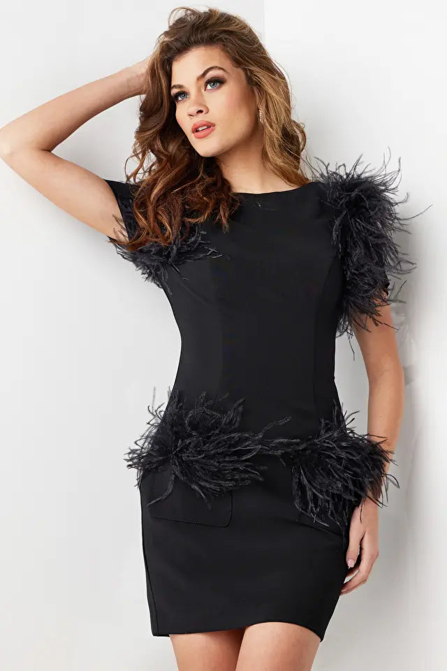 Jovani -24558 Feather Details Cocktail Sheath Dress