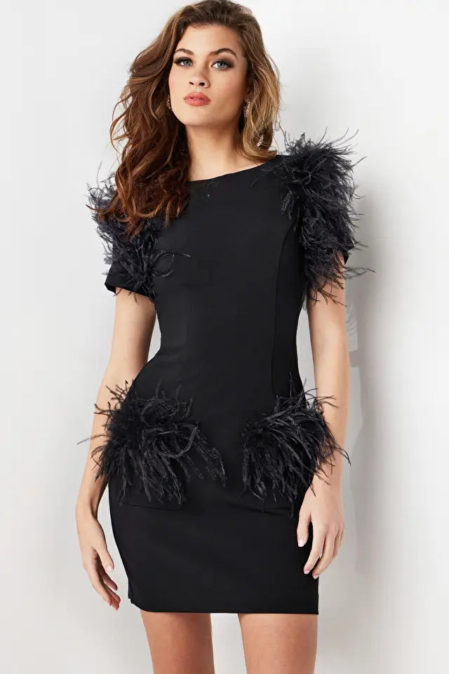 Jovani -24558 Feather Details Cocktail Sheath Dress