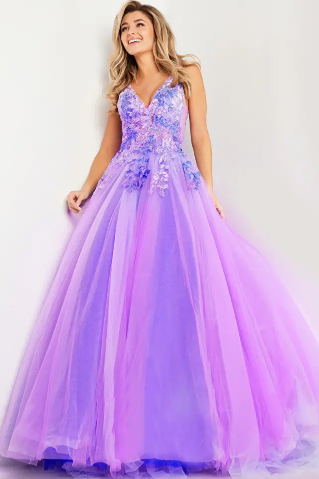 Jovani -24602 Floral Embroidered V-Neck Ballgown
