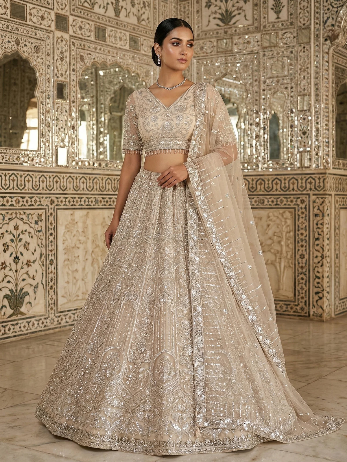 MyFashion KLS-2552 Chickoo Velvet Glow Beads & Sequin Crafted Net Lehenga