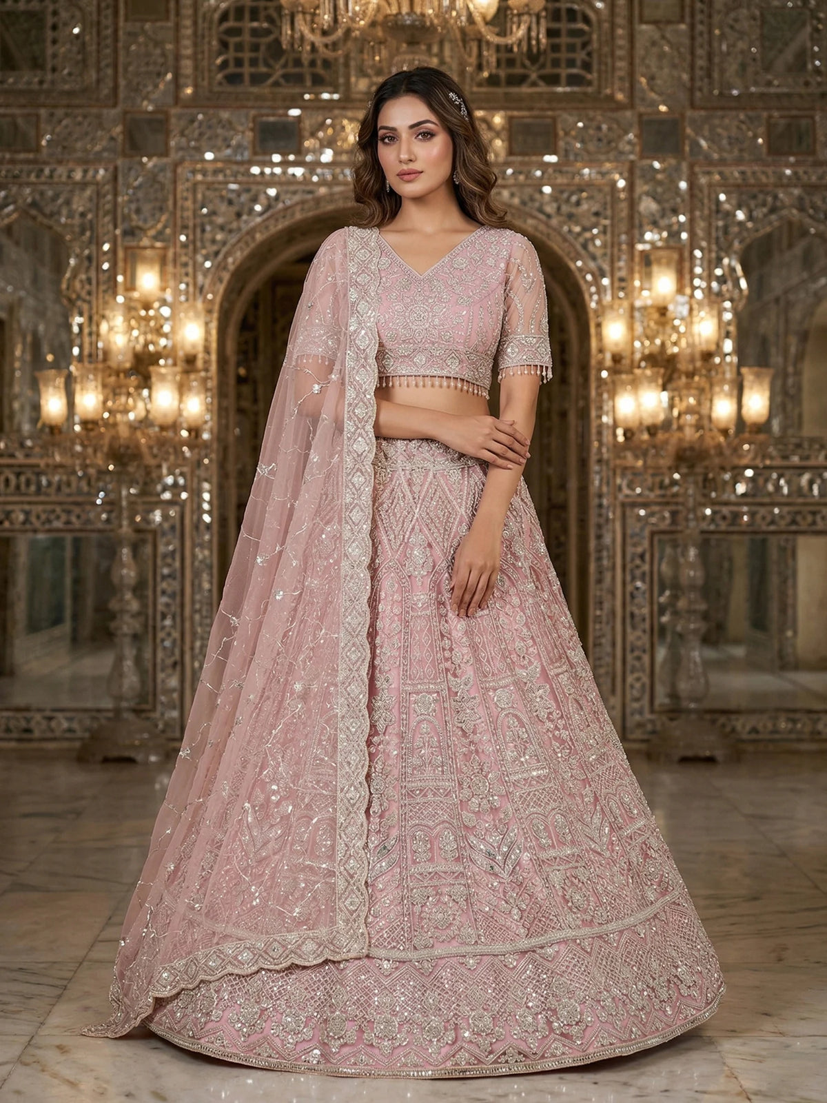 MyFashion KLS-2565 Light Pink Beads & Sequin Embellished Net Lehenga