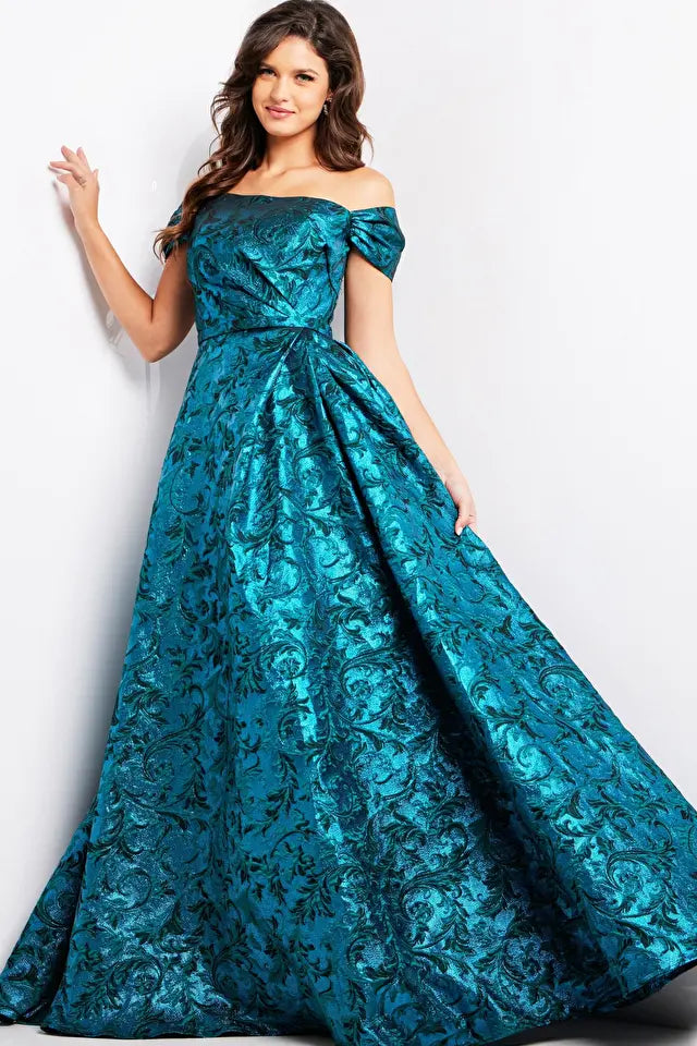 Jovani -25665 Jacquard Cap Sleeve Evening Gown
