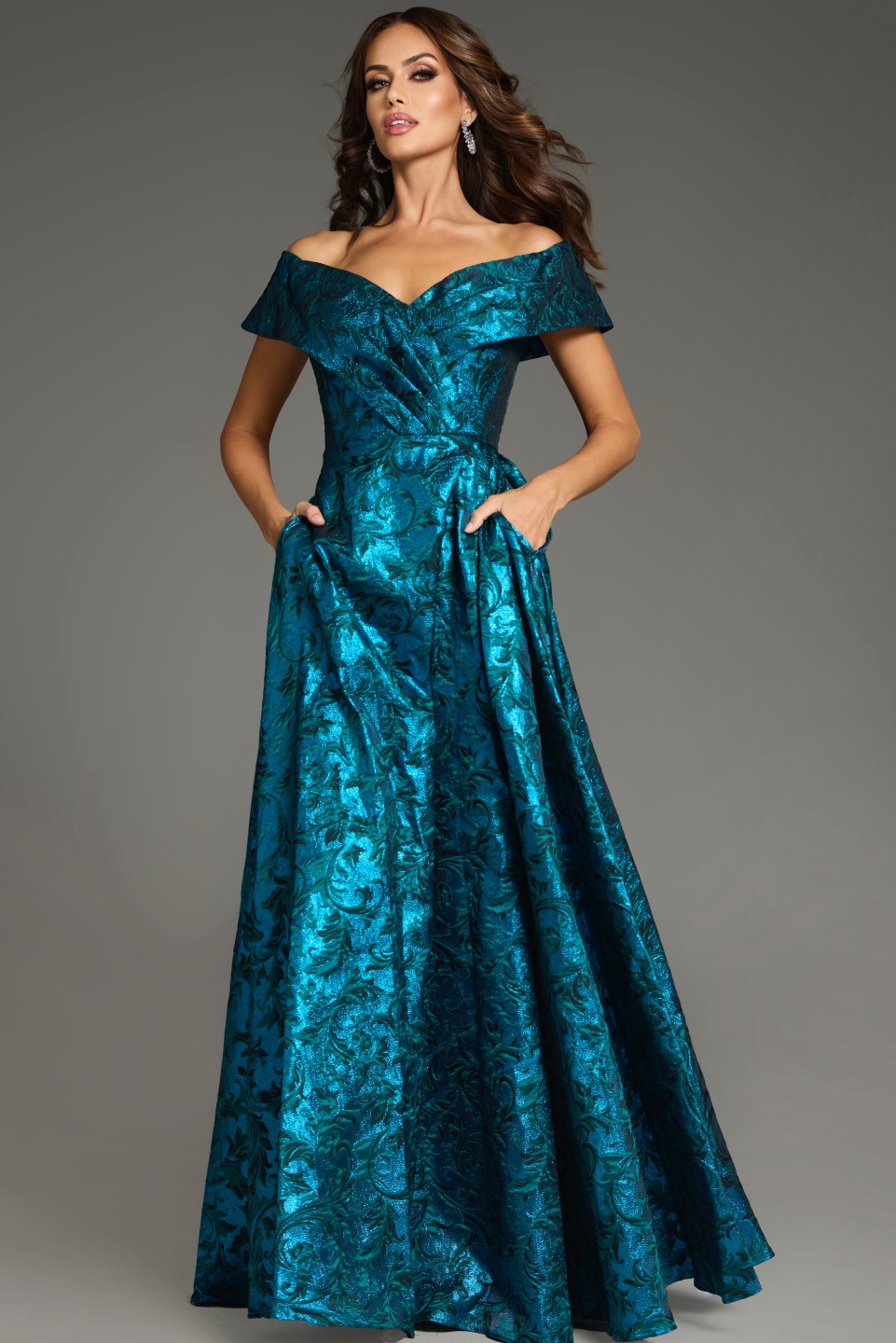 textured off shoulder dress 40296 Green Off-Shoulder Gown with Textured Fabric