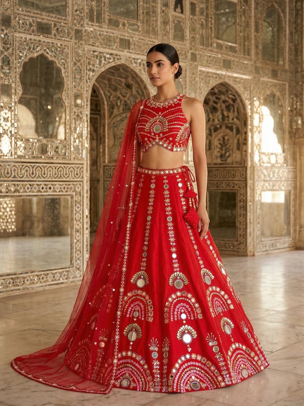 MyFashion KLS-2566 Pink Aaina Noor Mirror Applique Handcrafted Silk Lehenga