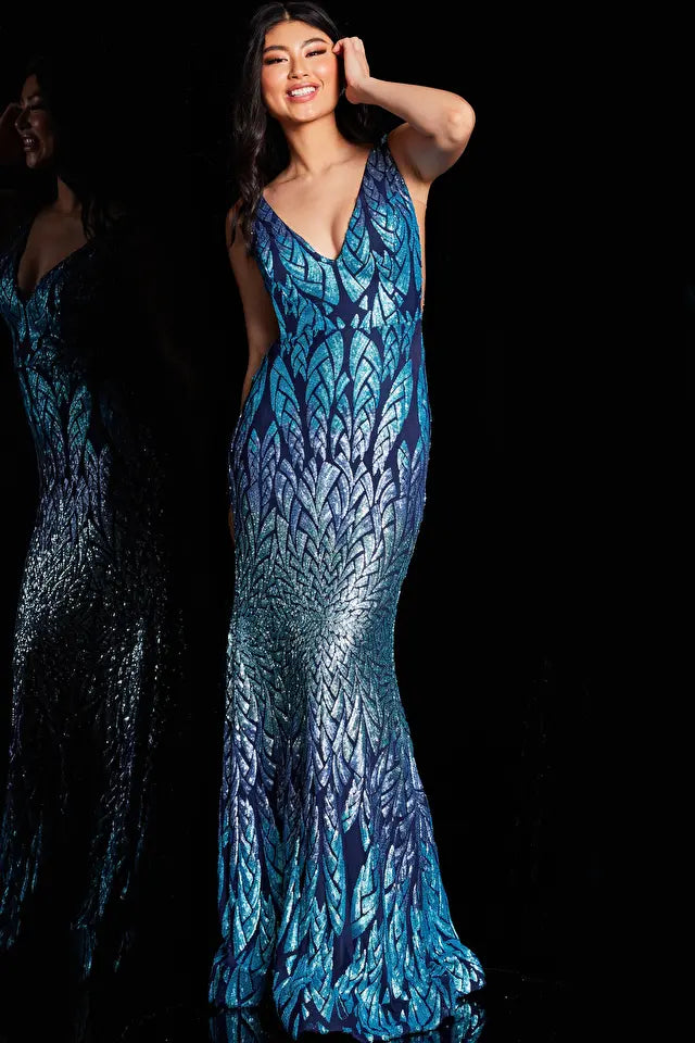 Jovani -25687B Deep V-Neck Sheer Sides Prom Gown