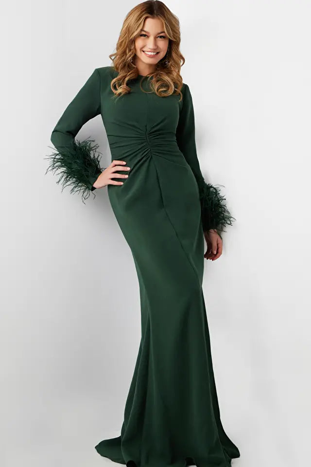 Jovani -25898 Fringed Cuffs Ruched Back Sheath Dress