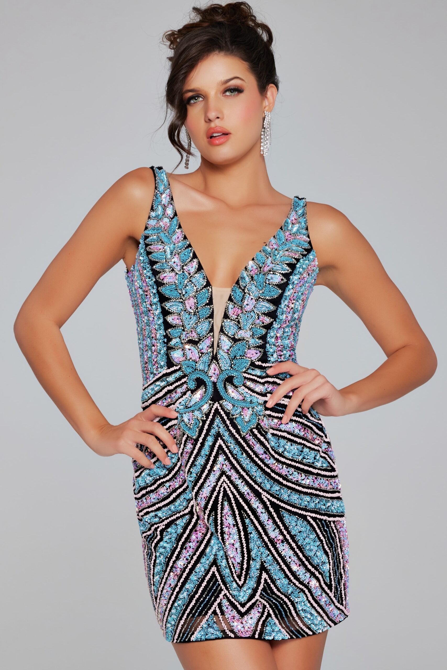 Jovani -25925 Sheer Sequin Embellished V-Neck Dress