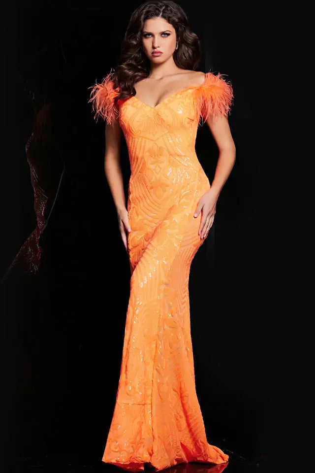 Jovani -26041B Feathered Sleeves Sequin Prom Dress
