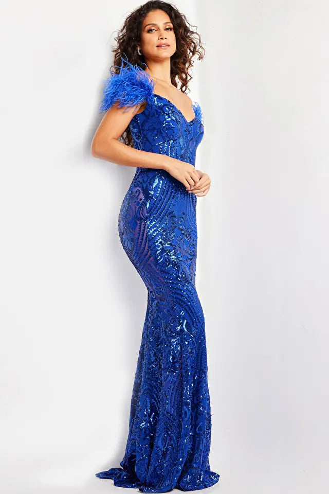 Jovani -26041B Feathered Sleeves Sequin Prom Dress