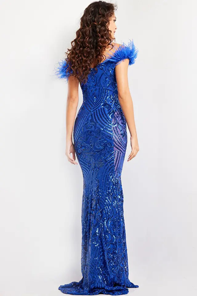 Jovani -26041B Feathered Sleeves Sequin Prom Dress