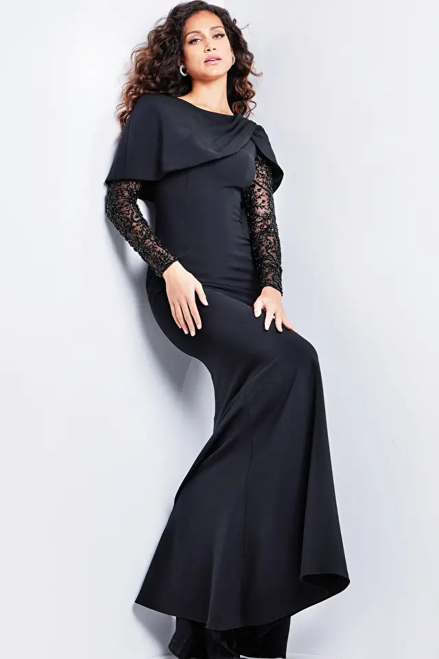 Jovani -26062B Illusion Long Sleeves Mermaid Evening Gown