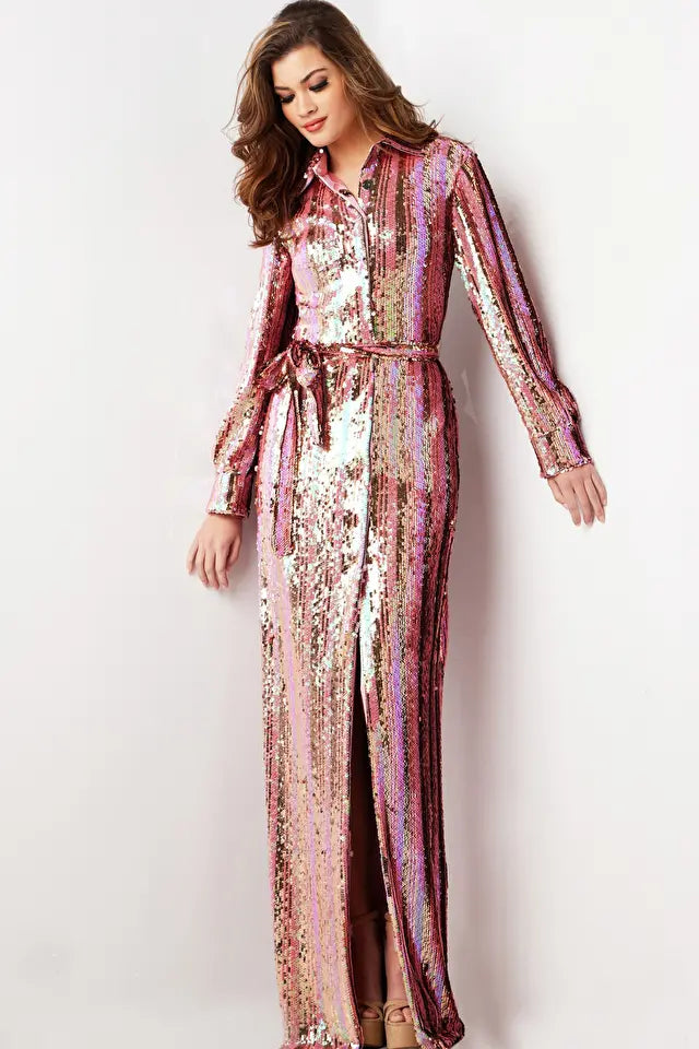 Jovani -26136 Multi Sequin Long Sleeve Slit Dress