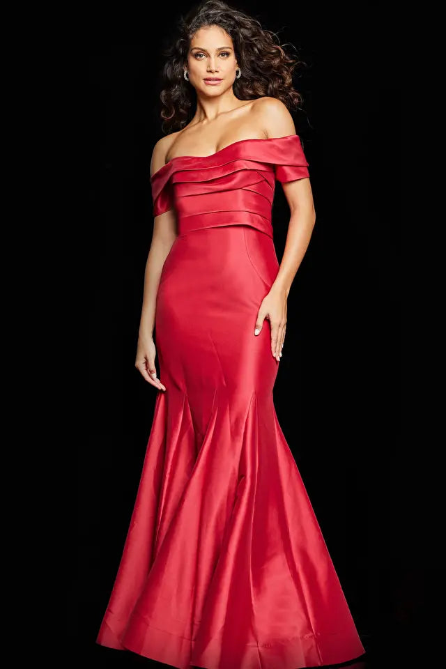 Jovani -26187B Pleated Off-Shoulder Evening Trumpet Dress