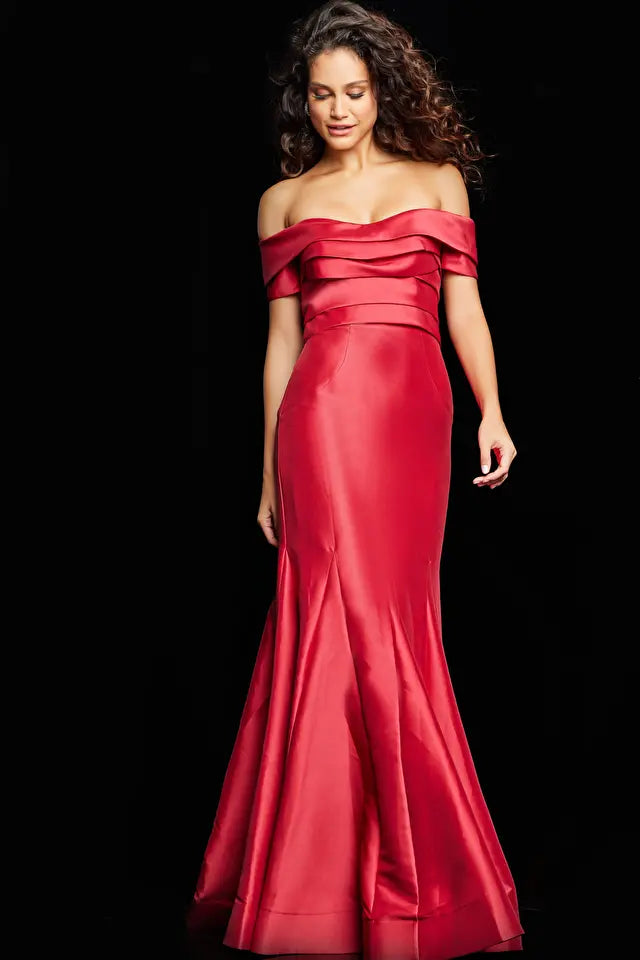 Jovani -26187B Pleated Off-Shoulder Evening Trumpet Dress