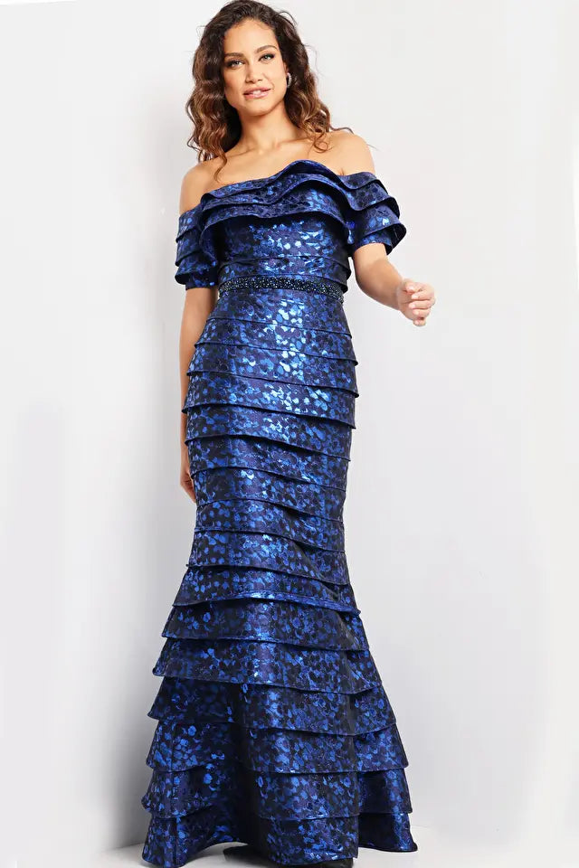 jovani royal blue mermaid dress The Jovani 26255 Royal Blue Off The Shoulder Tiered Gown 4