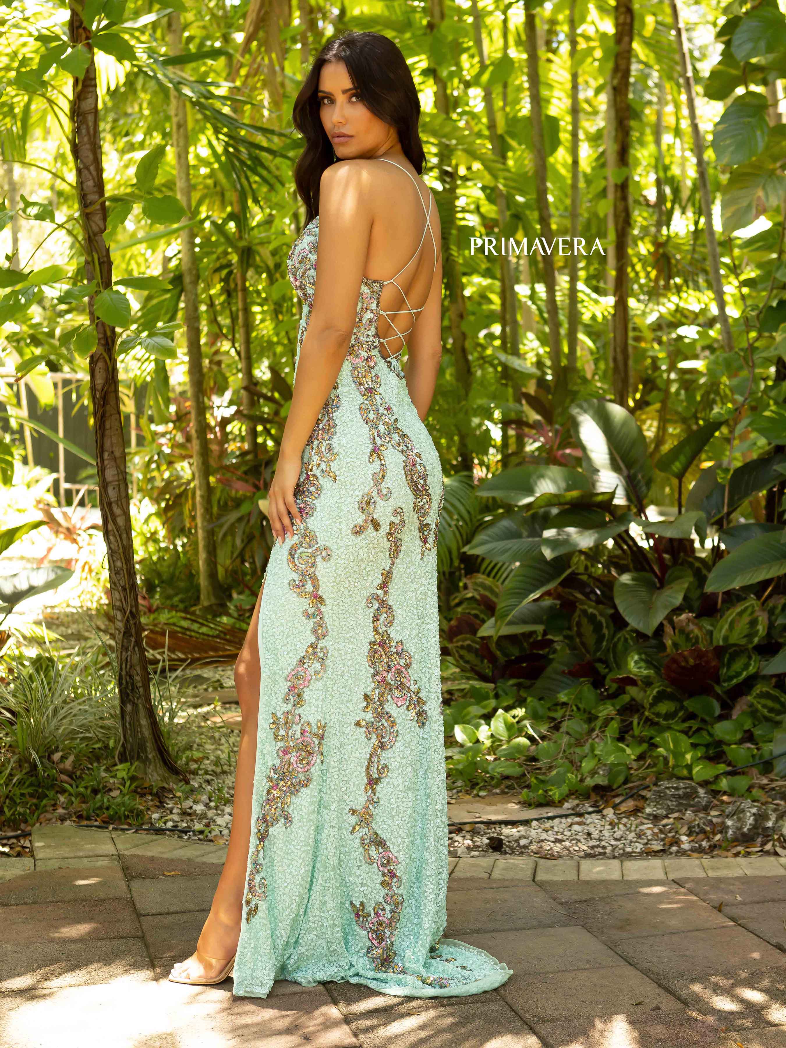 Plunging V-Neck Strappy Gown With Slit 01 By Primavera Couture -3211
