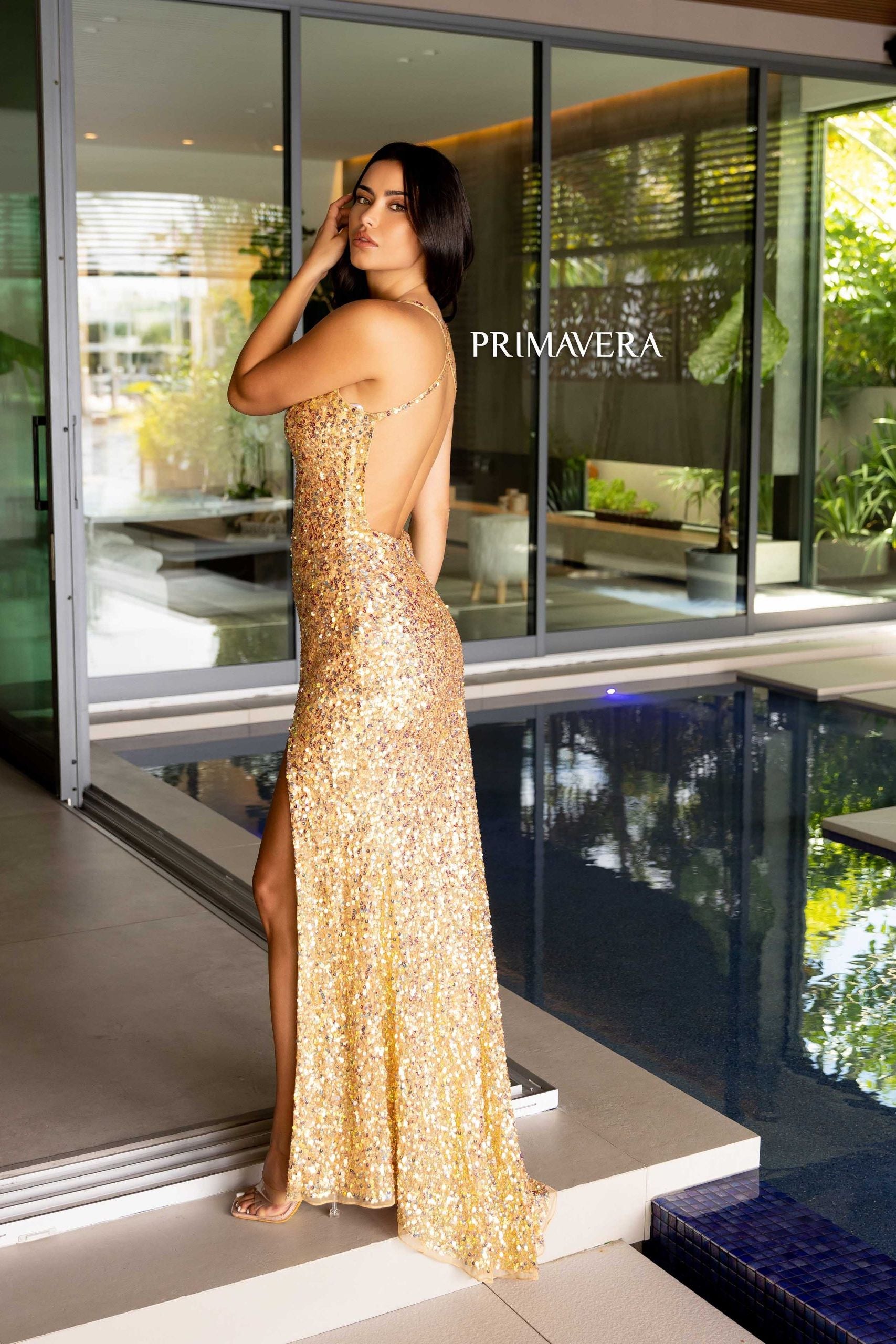 Sheath Sequin V Neck Gown 01 By Primavera Couture -3291