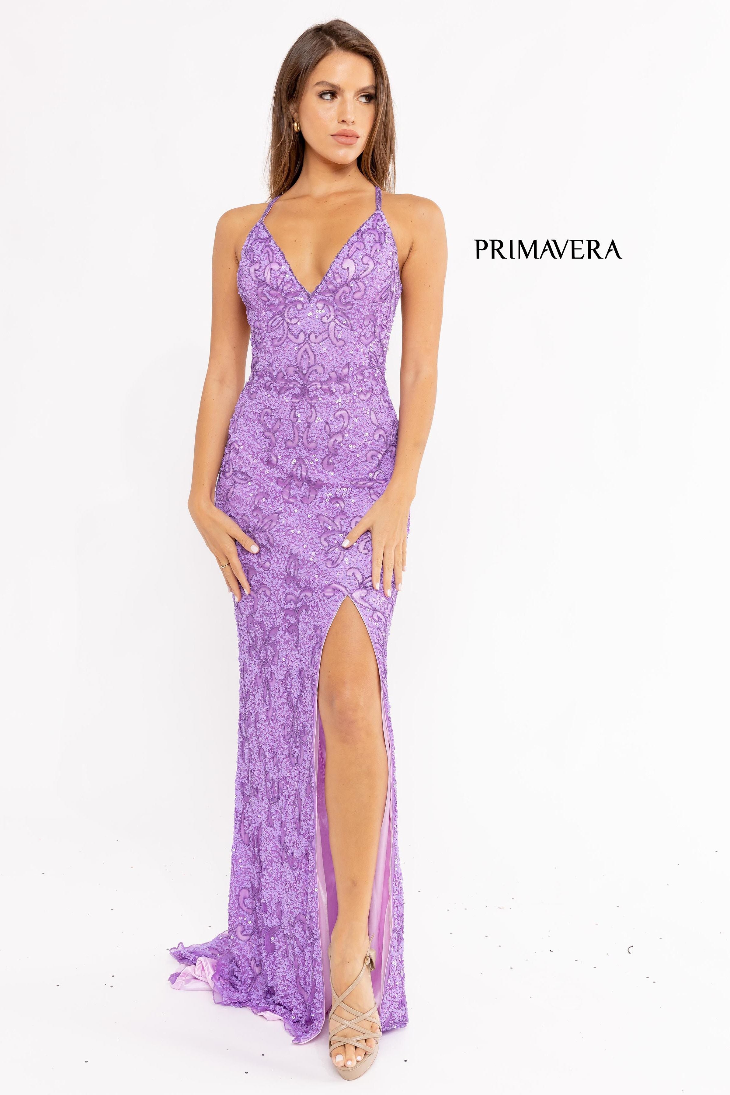 Full Sequin Beaded Dress With V Neckline 02 By Primavera Couture -3295