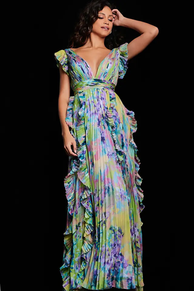 Jovani -34412 Floral Print Pleated Skirt Long Dress