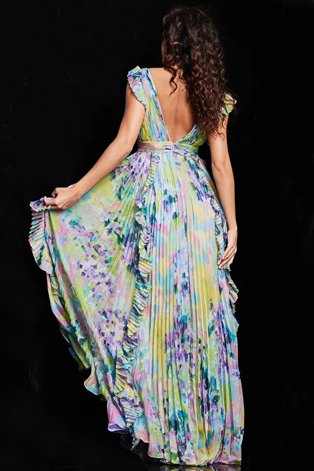 Jovani -34412 Floral Print Pleated Skirt Long Dress