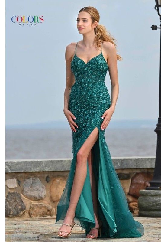 Colors Dress -3453 Corset Bodice V-Neck 3DFloral Sheath Dress