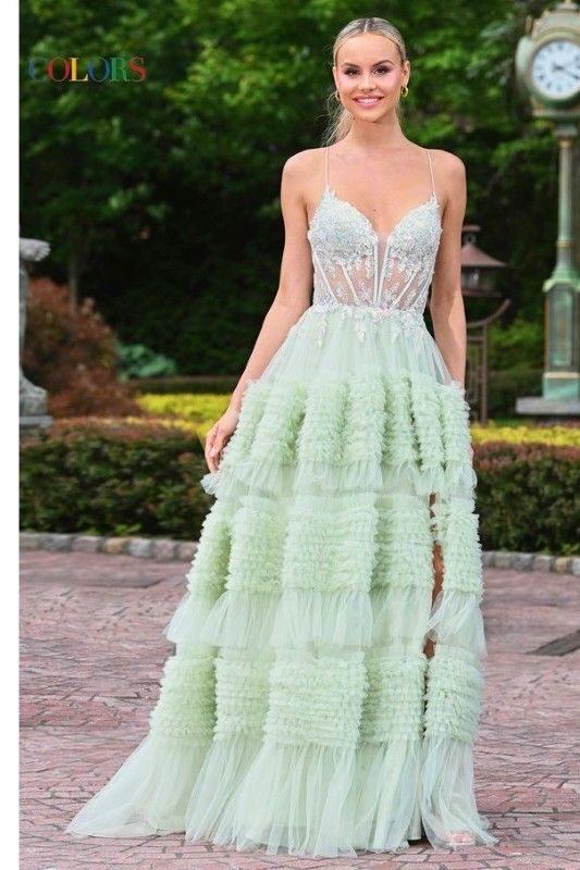 Colors Dress -3515 Sequin Embellished Tulle Ruffle Ball Dress