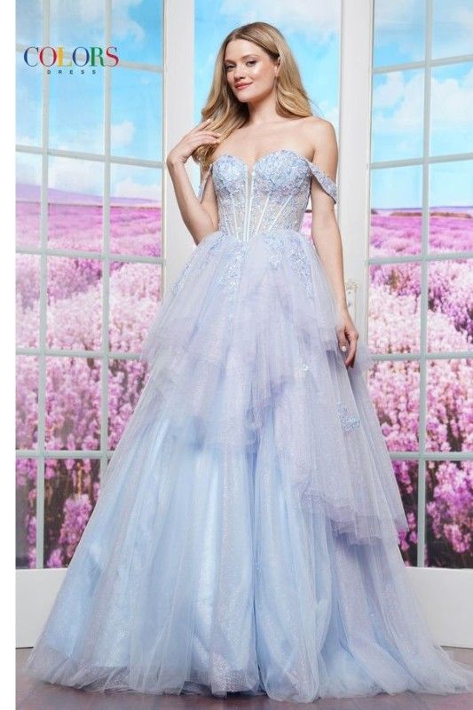 Colors Dress -3534 Off Shoulder Embroidered Tulle Ball Gown