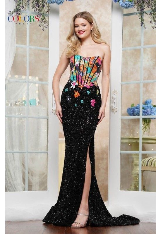Colors Dress -3561 Corset Bodice Floral Sequin Sheath Dress