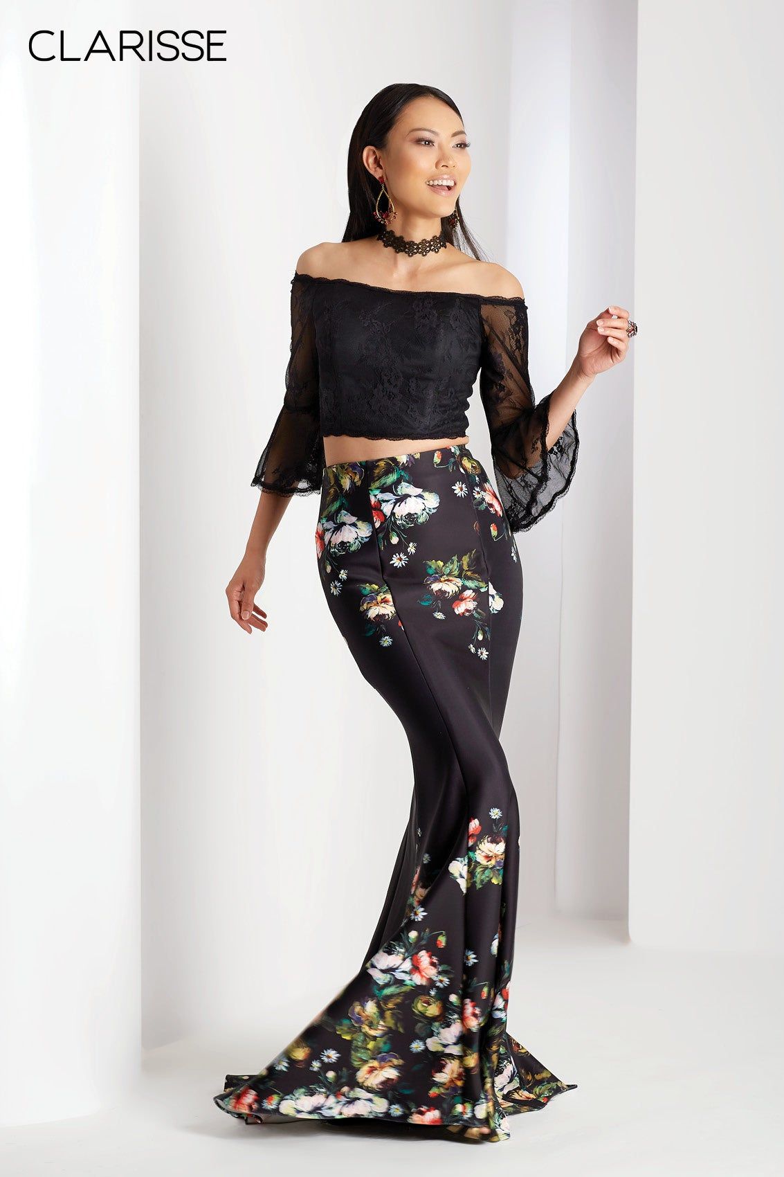 Clarisse -3566 Floral Bell Sleeves Prom Dress