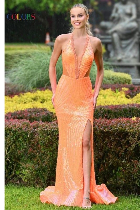 Colors Dress -3595 Halter Neck Fitted Sequin Sheath Dress