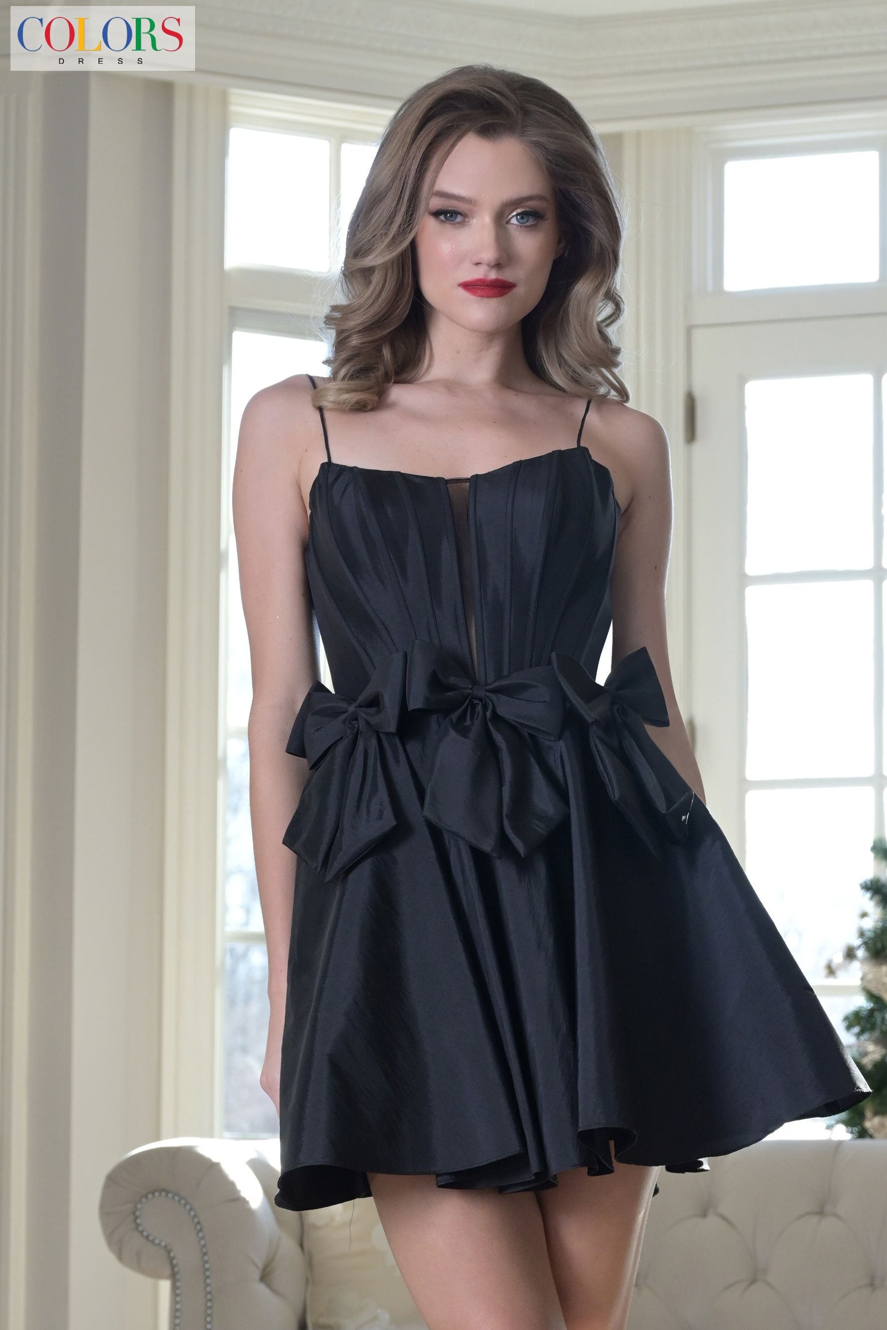 Colors Dress -3637 Square Neck Corset Flare Cocktail Dress