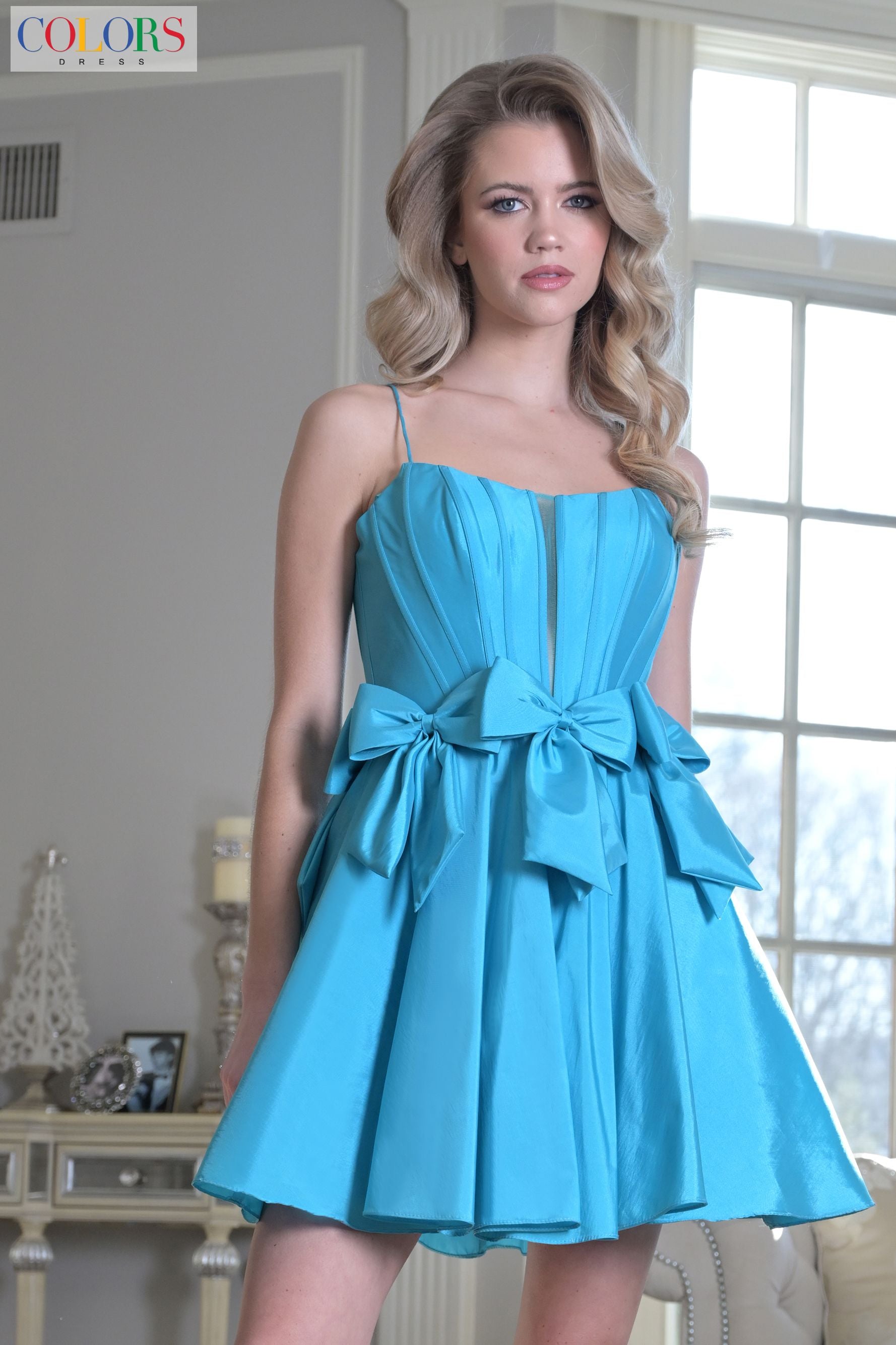 Colors Dress -3637 Square Neck Corset Flare Cocktail Dress