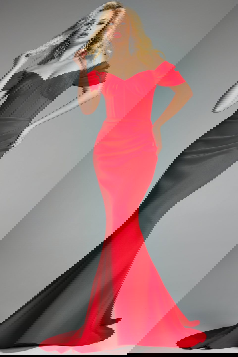 Jovani -36469 Draped Sleeves Off Shoulder Mermaid Gown