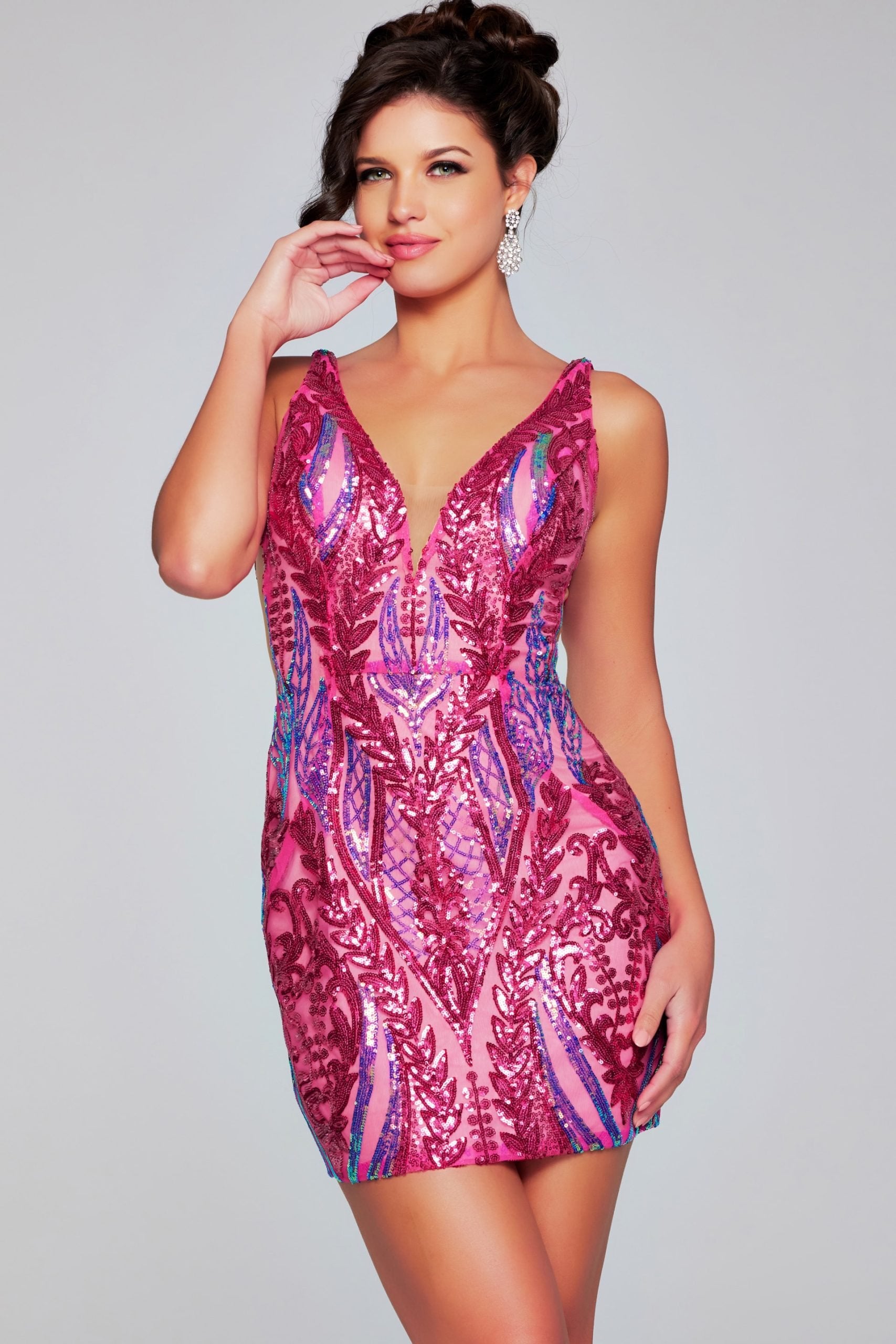 Jovani -36784 Plunging Sides Iridescent Sequin Cocktail Dress